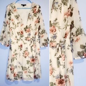 Deep V Floral Faux Wrap Dress